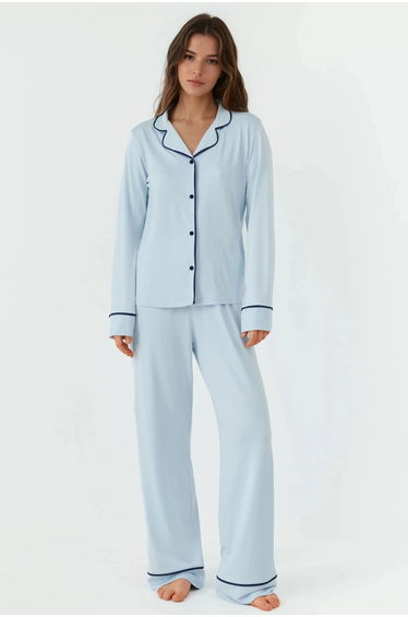 Relaxed Fit Long Sleeve Extra Soft Touch Pajama Set with Shirt Collar