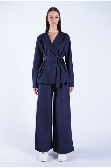 Women's Navy Blue Self-Tie Belted Long Jacket and Double Pocket Trousers Set