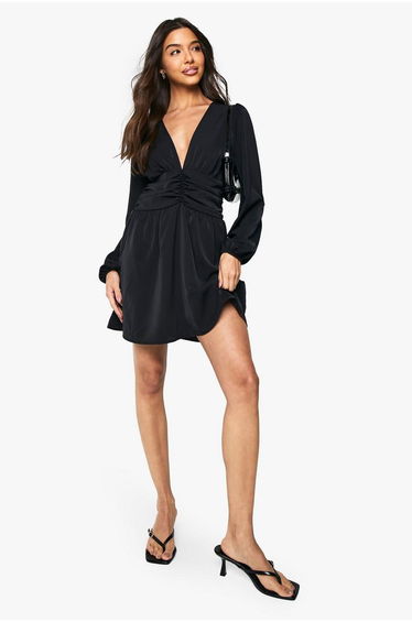 Plunge Ruched Waist Mini Dress - black