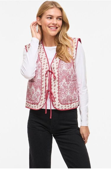 Printed Sleeveless Jacket with Tie Fastening