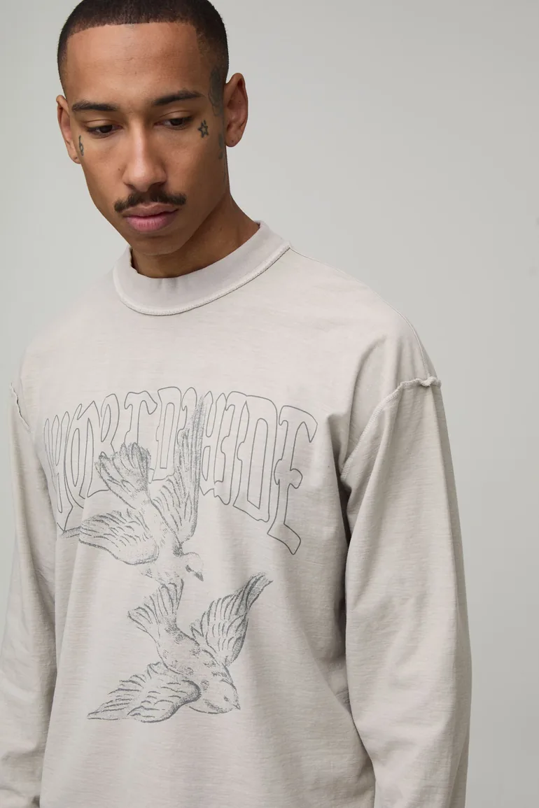 Oversized Boxy Dove Print Exposed Seam Long Sleeve T-Shirt - stone - 1