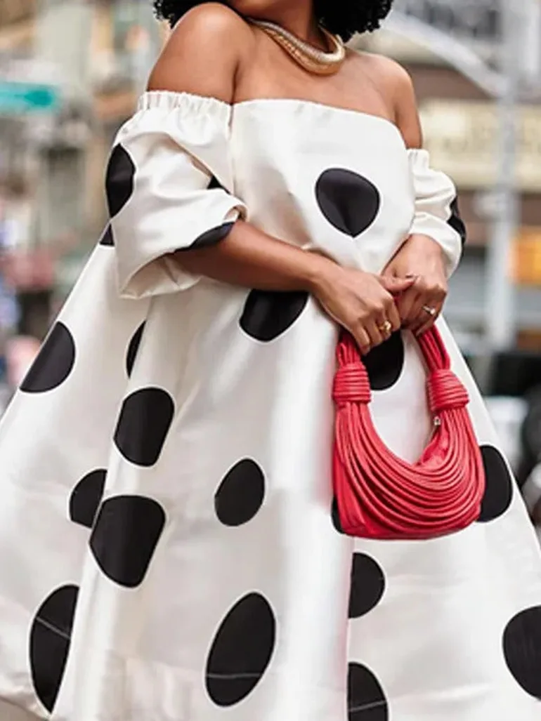 A-Line Loose Polka-Dot Split-Joint Off-The-Shoulder Midi Dresses - 1