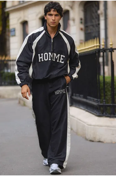 Oversized Applique Funnel Neck Cagoule & Baggy Trouser Tracksuit - black