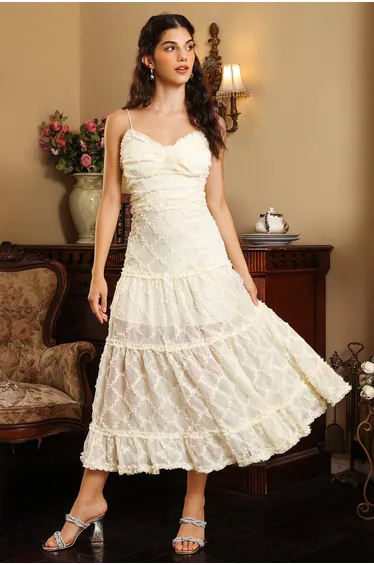 Mélissa Cami Ruffle Pleated Midi Dress White in White
