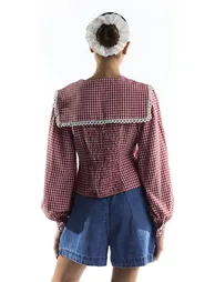 Red Gingham Blouse with Oversized Collar and Trim - 3