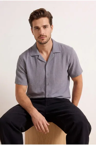 Light Blue Oversized Fit Summer Short Sleeve Linen Look Shirt