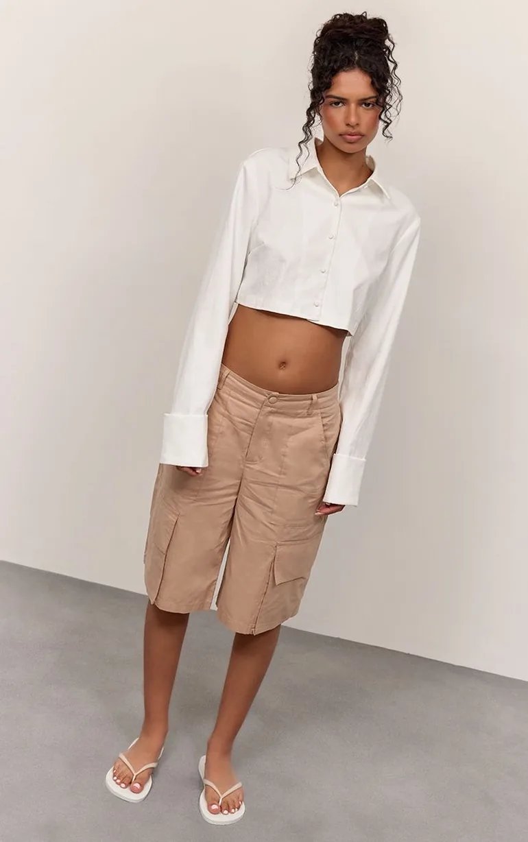 Sand Woven Cargo Pocket Detail Jorts
