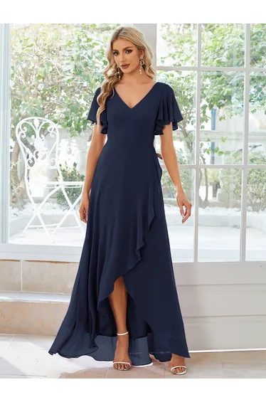 V Neck High Low Ruffles Chiffon Bridesmaid Dresses