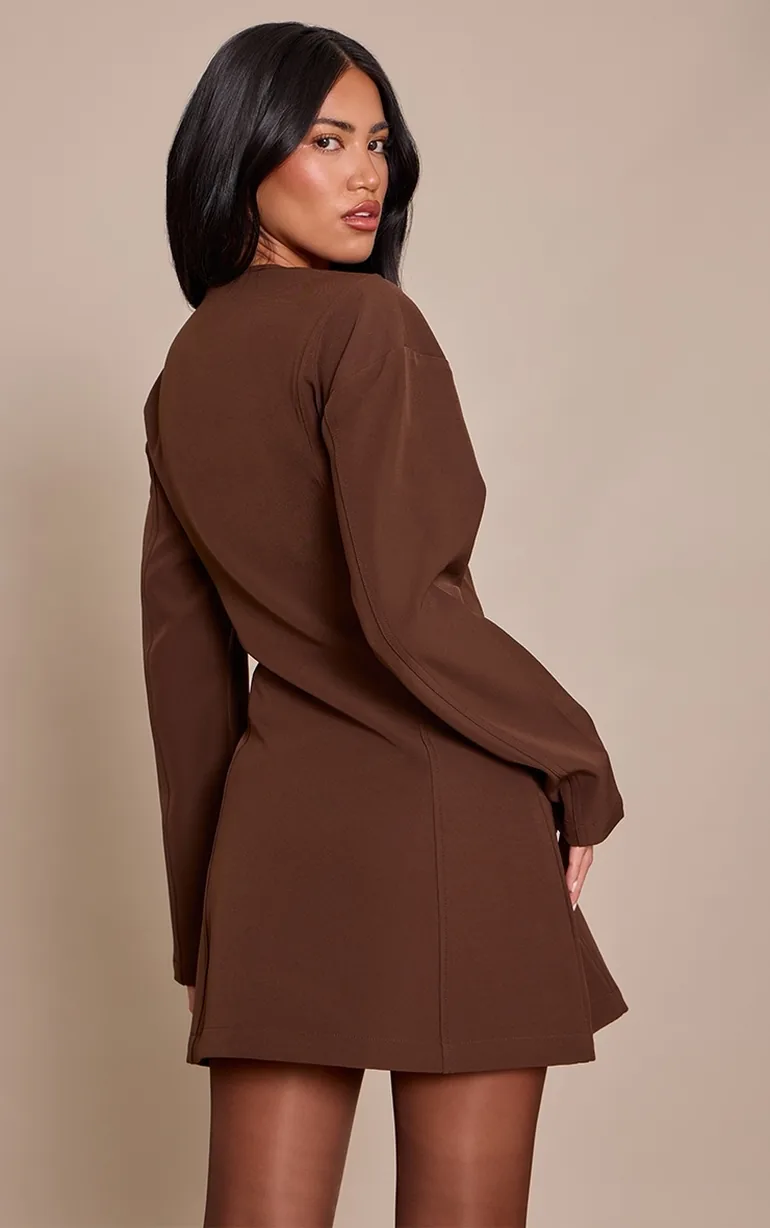 Chocolate Button Down Shift Blazer Dress - 2