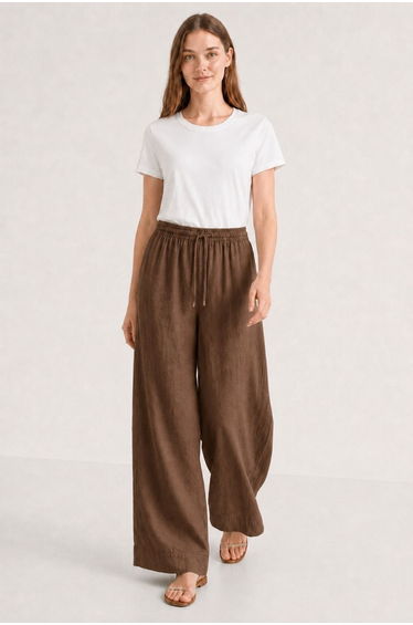 Mizalle Linen Textured Wide Leg Trousers with Elastic Waist