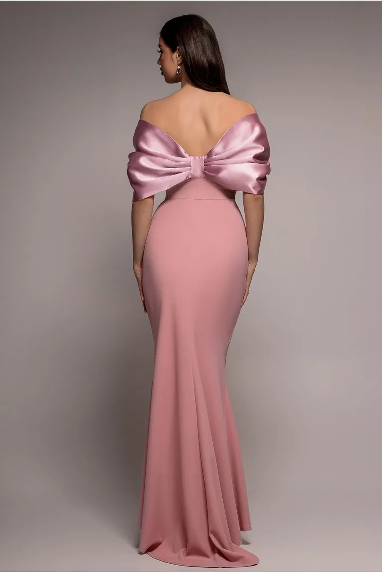 Off Shoulder Back Satin Bow Scuba Maxi Dress - Blush Pink by Goddiva - 1