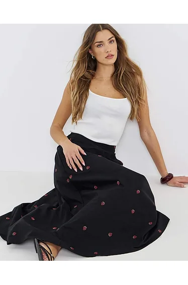 Embroidered Poplin Midaxi Skirt