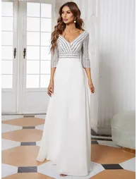ever LUENA|Sexy V Neck Sequin Evening Dresses with 3/4 Sleeve - 11