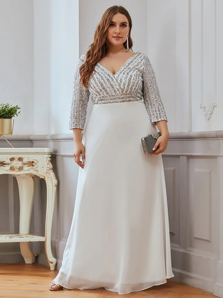 ever LUENA|Sexy V Neck Sequin Evening Dresses with 3/4 Sleeve - 7