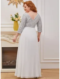 ever LUENA|Sexy V Neck Sequin Evening Dresses with 3/4 Sleeve - 10