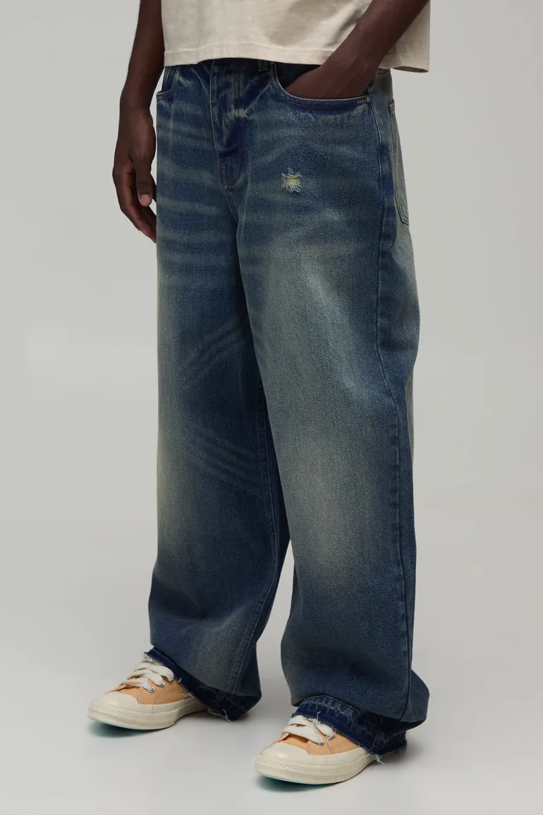 Fleur De Lis Applique Super Baggy Jeans - vintage blue - 1