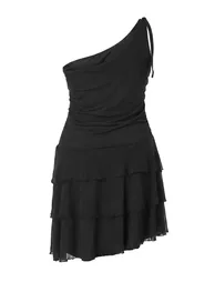 Black Asymmetrical Collar Skater Ruffle Tulle Plus Size Dress - 5
