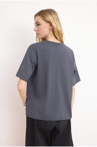 Anthracite 100% Cotton Stone Detail Relaxed/Wide Comfortable Cut Crew Neck Knitted T-Shirt product thumbnail 4