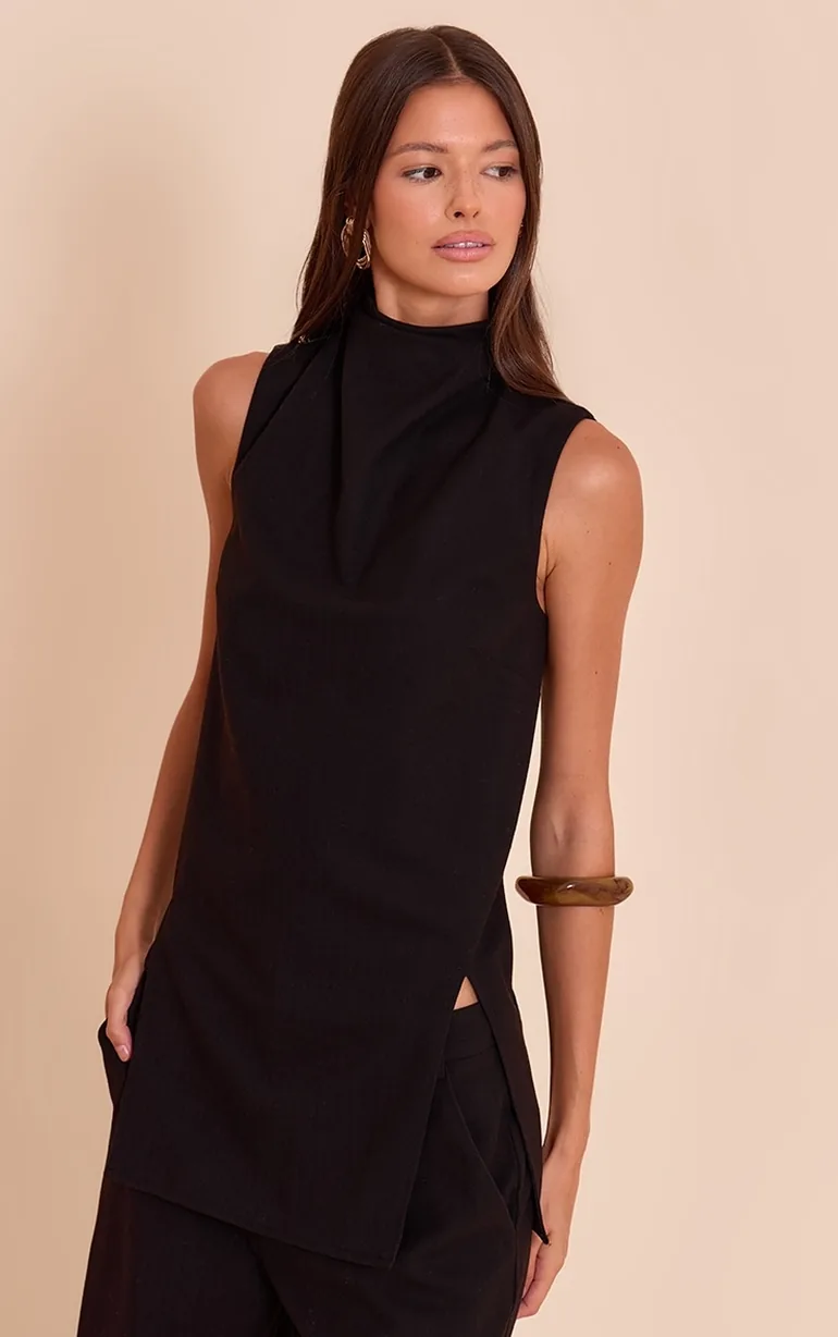 Black High Neck Tailored Sleeveless Top