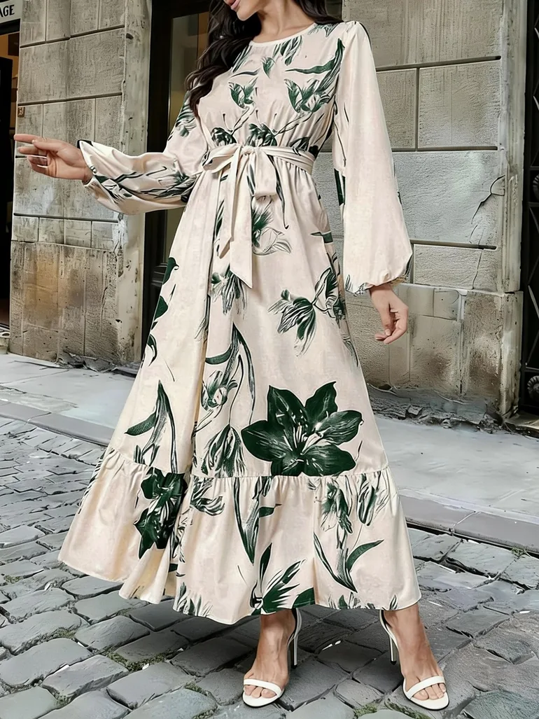 Green Floral Print Ruffled Hem A-Line Maxi Dress - 3