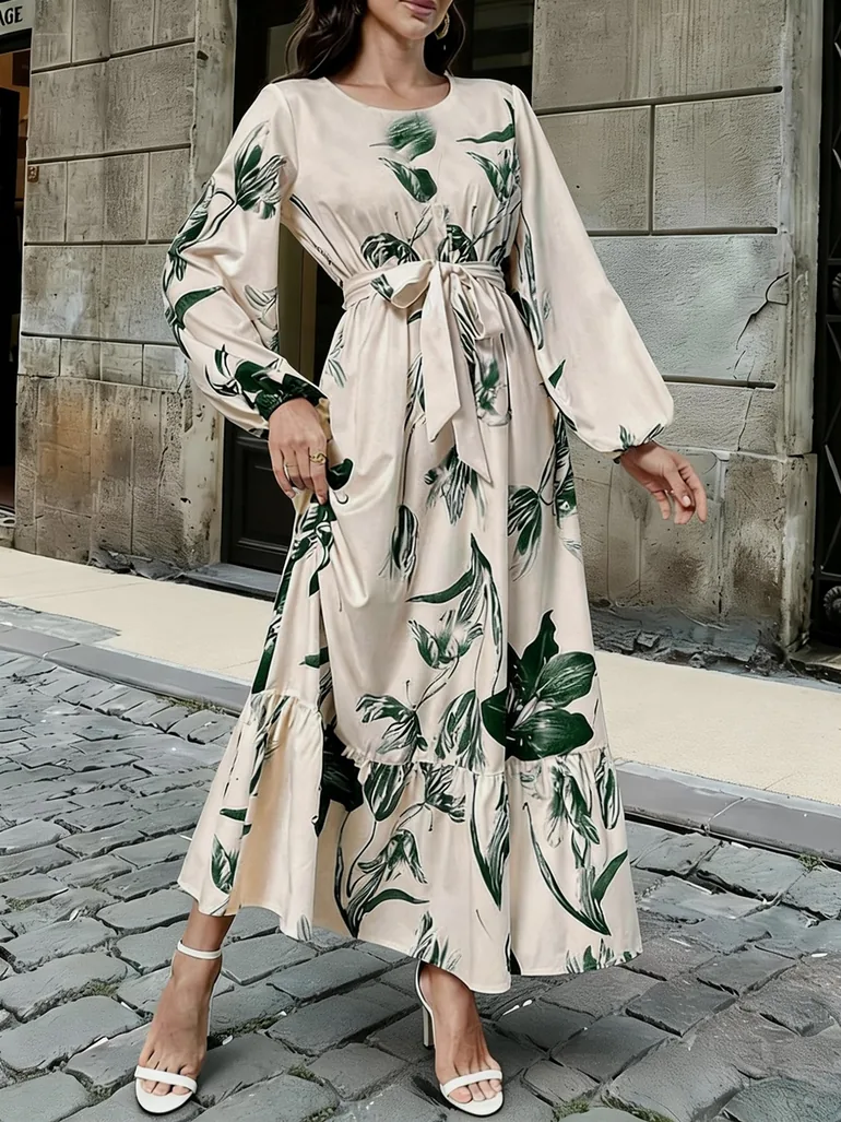 Green Floral Print Ruffled Hem A-Line Maxi Dress - 2