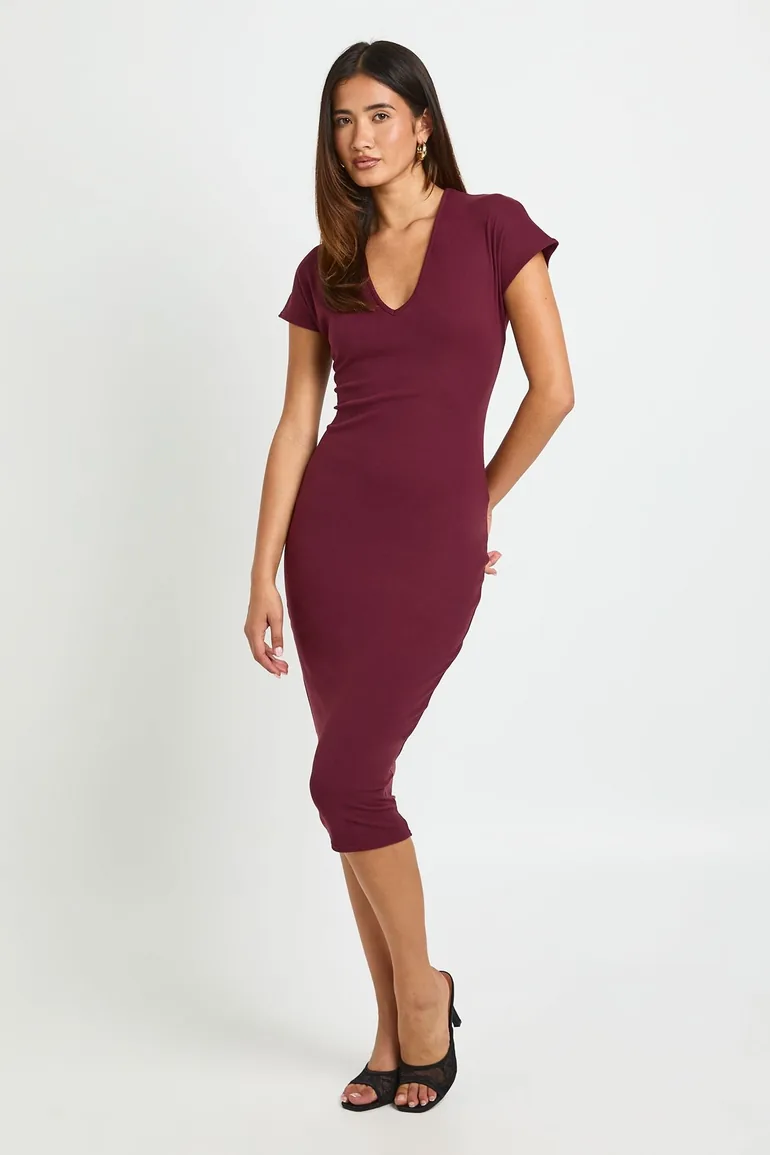 Basic Supersoft Deep V Neck Cap Sleeve Midi Dress - burgundy