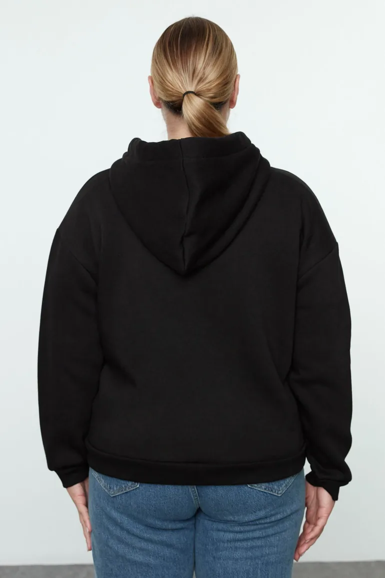 Black Hooded Plus Size Knitted Sweatshirt with Fleece Inside and Zipper on the Front - 2
