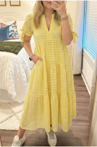 Lvness Yellow Gingham Textured Bow Tie Short Sleeve Tiered Midi Dress product thumbnail 2