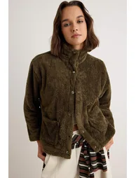 Khaki Plush Oversize Sweatshirt with Snap Pocket Detail and Stand Collar Knitted Sweatshirt