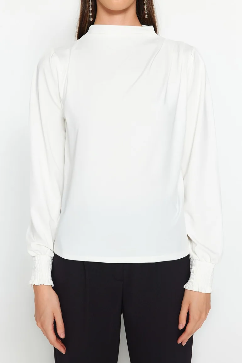 Ecru High Neck Regular Fit Gipe Detail Elastic Knitted Blouse - 2