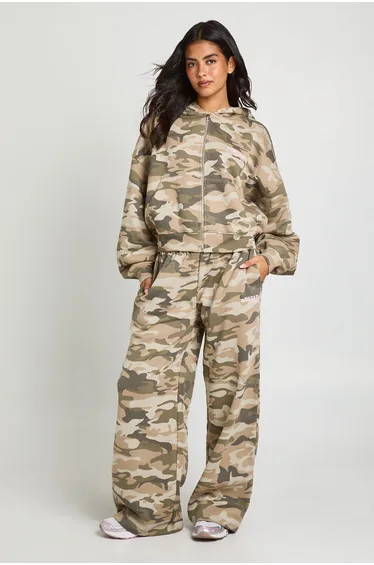 Washed Camo All Star Printed ZipThrough Boxy Crop Hoodie - washed khaki