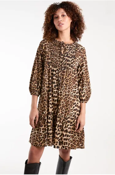 Leopard Print Shirred Front Tie Neck Smock Dress