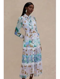 Printed Long Puff Sleeve Turtleneck Tiered Ruffle Hem Midi Dress - 3