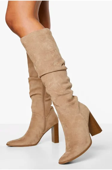 Ruched Block Heel Knee High Boot - taupe