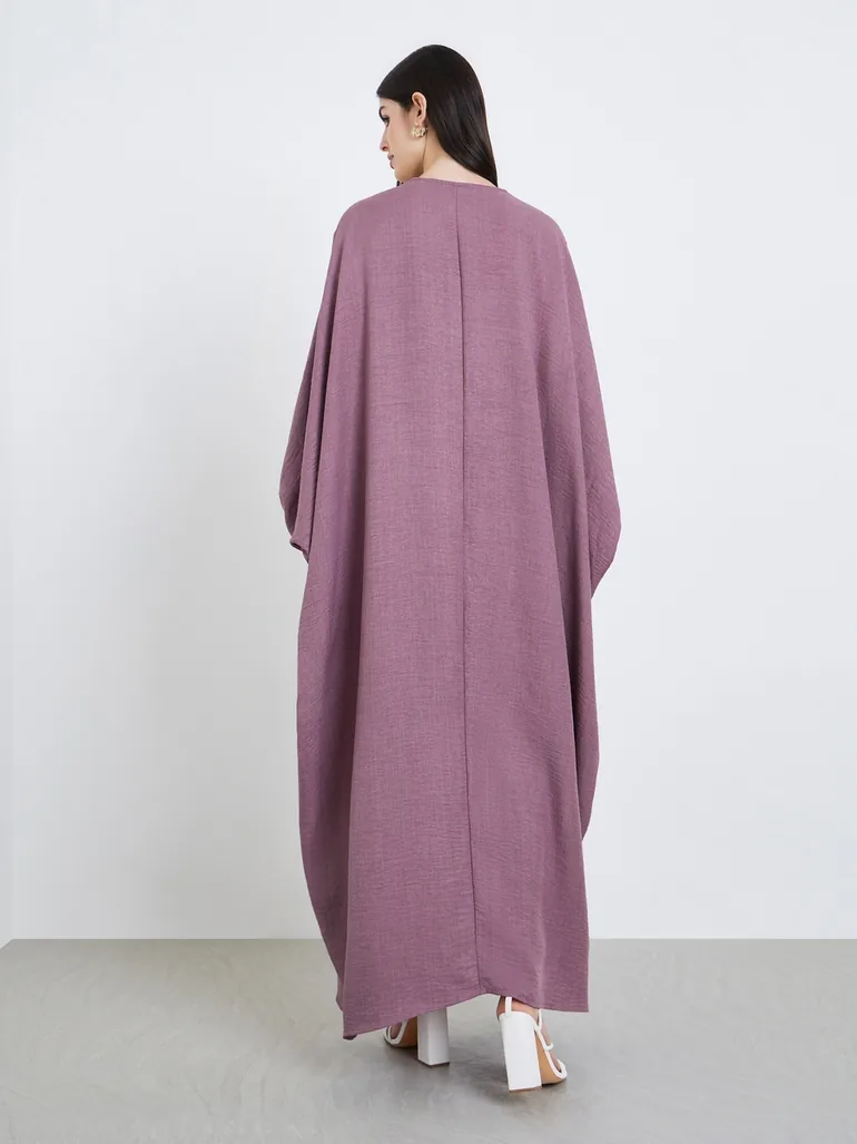 Women Pink Textured Open Front Abaya - 4