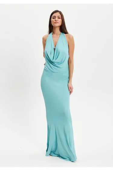 Women's Maxi Dress in Turquoise with Halter Neck Tie and Full-Length Sleeves .