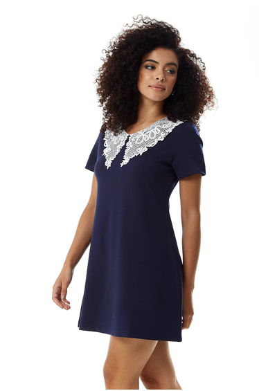 Women's Mini Dress in Navy with Short Sleeves and Lace Collar. product thumbnail 3