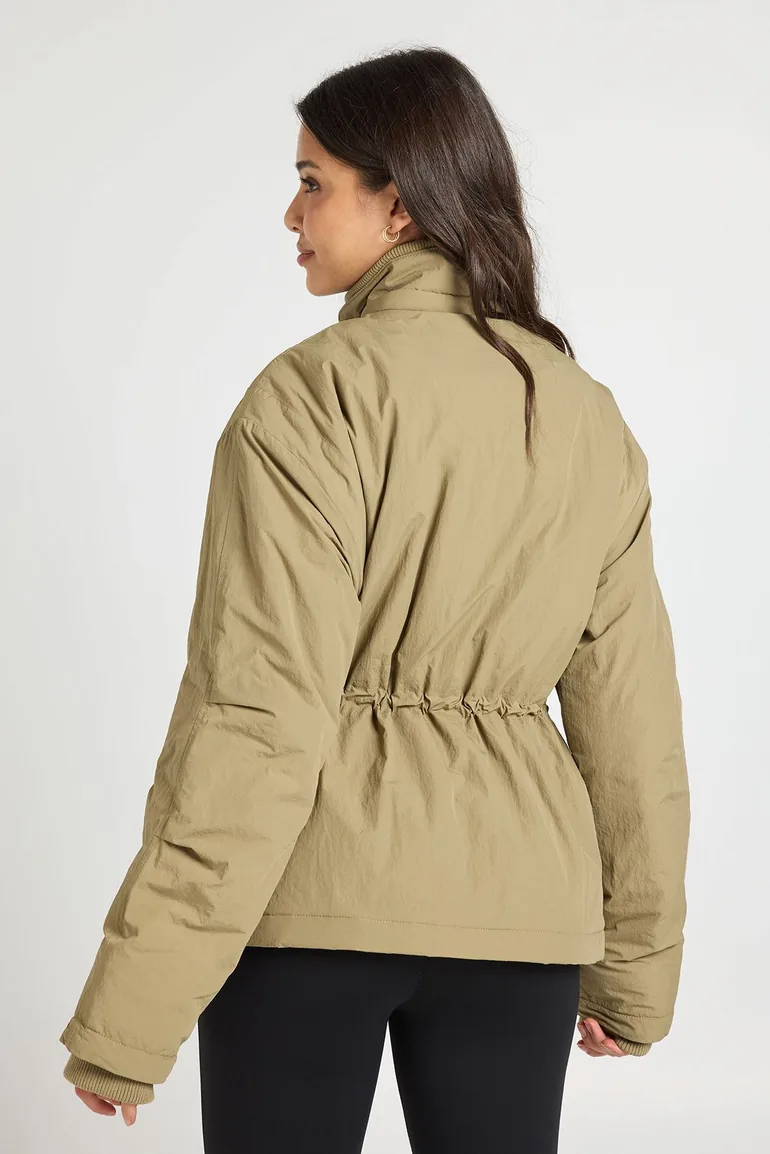 Rib Collar Cinched Waist Parka - khaki - 1