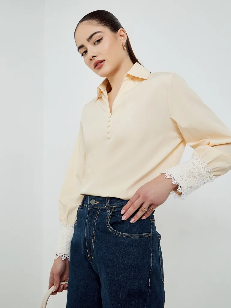 Yellow Lace Trimmed Cuff Blouse - 1