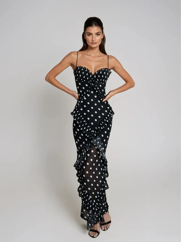 Tynqor Spaghetti Ruffle Dot Maxi Dress In Black