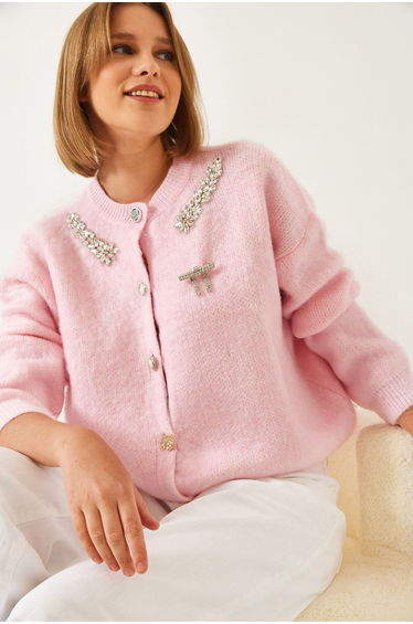 LUCCI Embellished Crew Neck Long Sleeve Cardigan