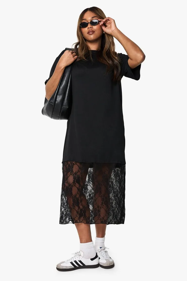 plus lace detail midaxi t-shirt dress - black - 2