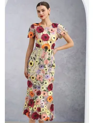 3D Floral Applique Mesh Tulle Mermaid Dress in Apricot - 2