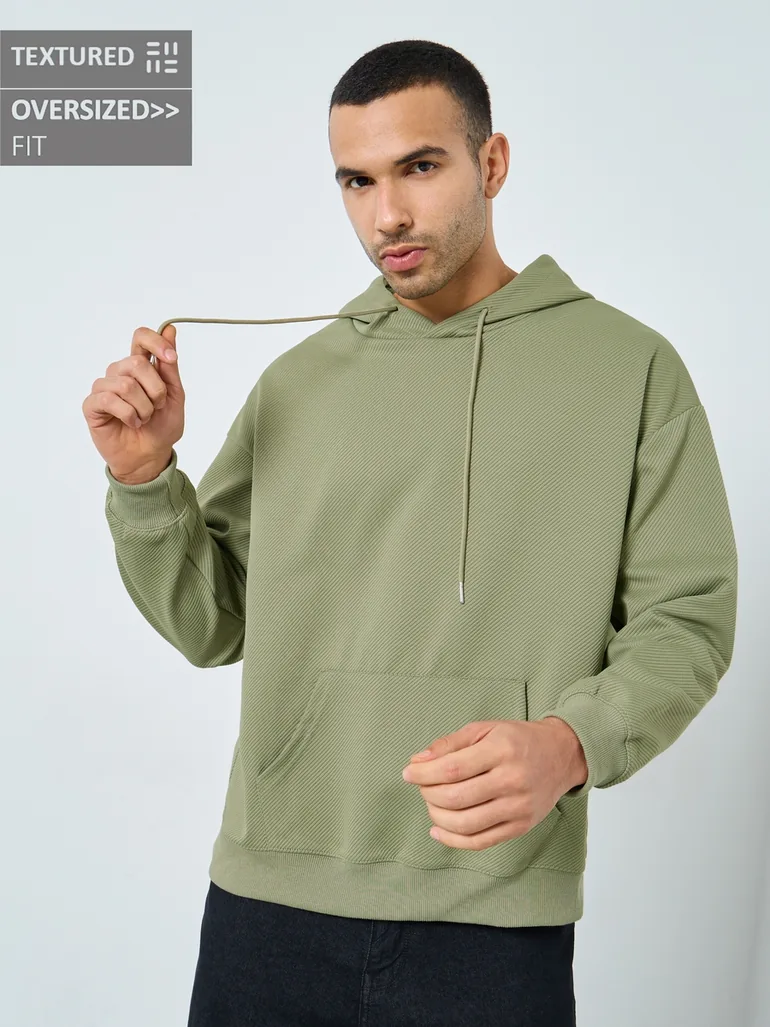 Olive Textured Knit Oversized Hoodie - 1
