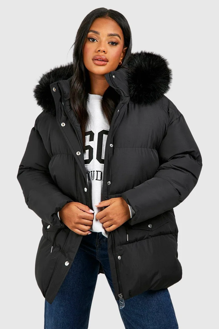 Faux Fur Trim Parka - black