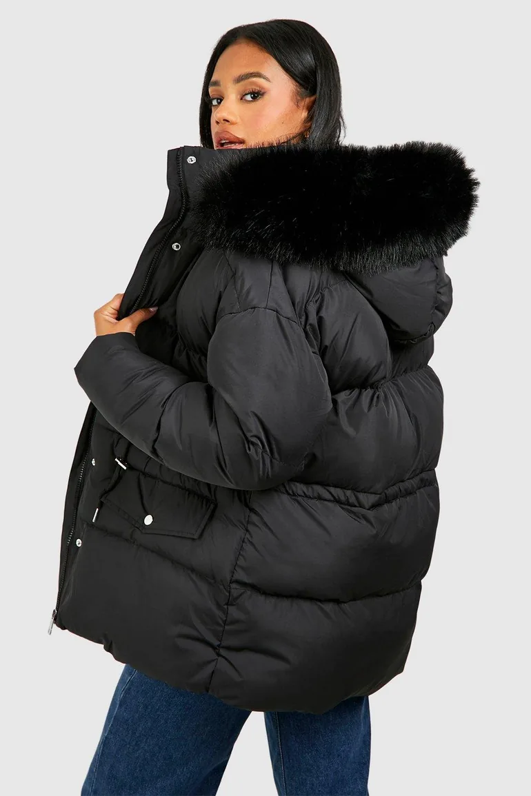 Faux Fur Trim Parka - black - 1
