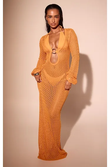 Orange Crochet O Ring Maxi Beach Dress
