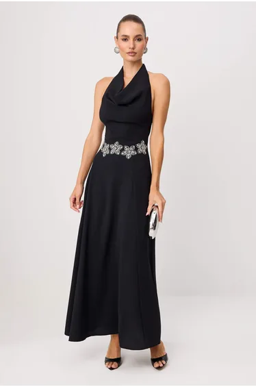 Black Plain Stone Print Knitted Crepe Maxi Evening Dress & Graduation Dress