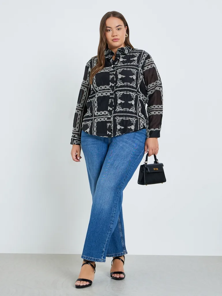 Plus Size Black Floral Embroidered Shirts - 1