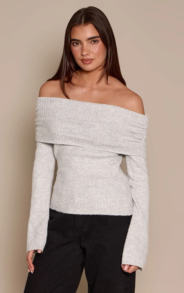 Light Grey Foldover Bardot Knitted Jumper - 1